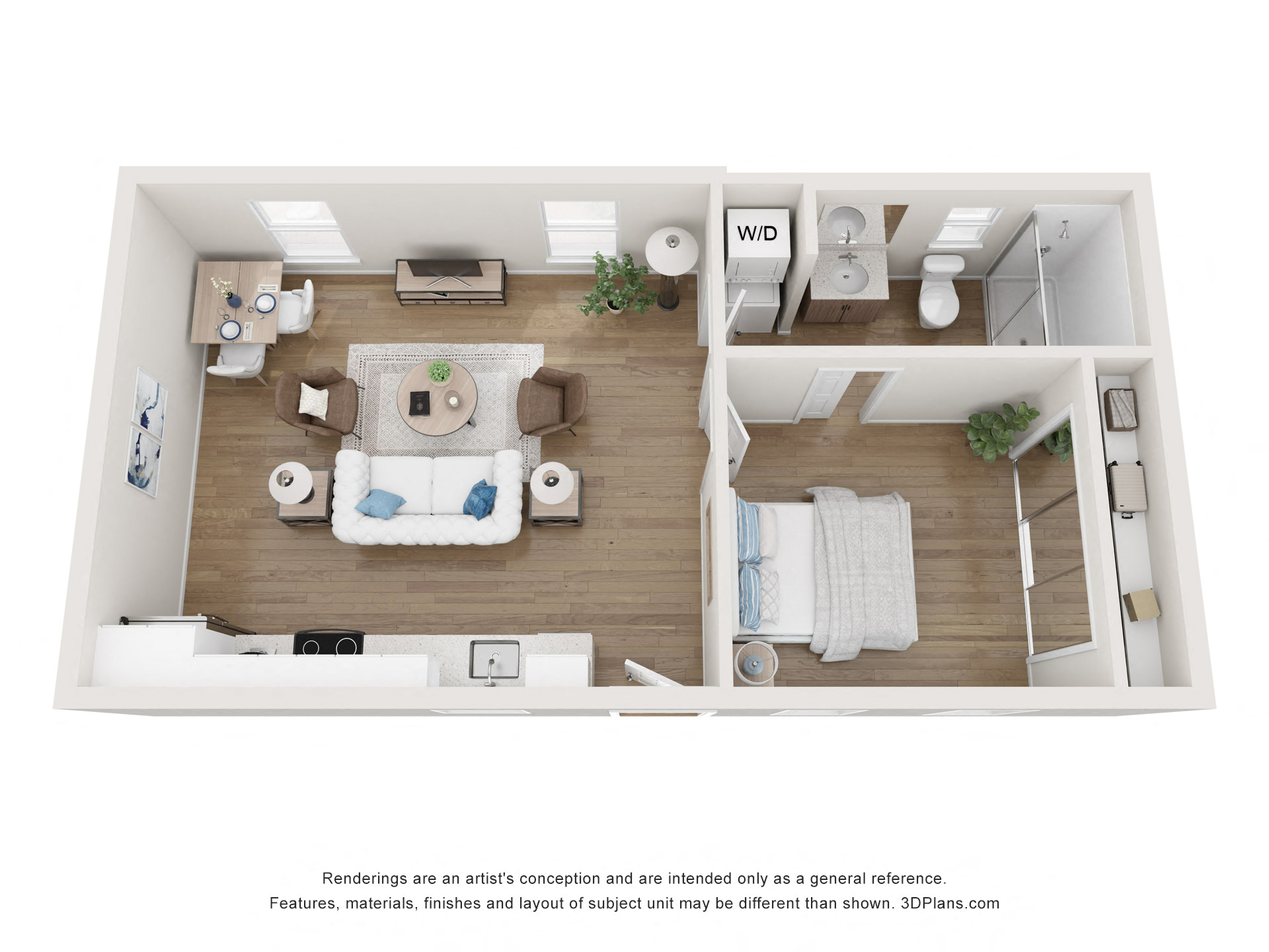 Floor plan for 1 bed, 1 bath, 628 sqft
